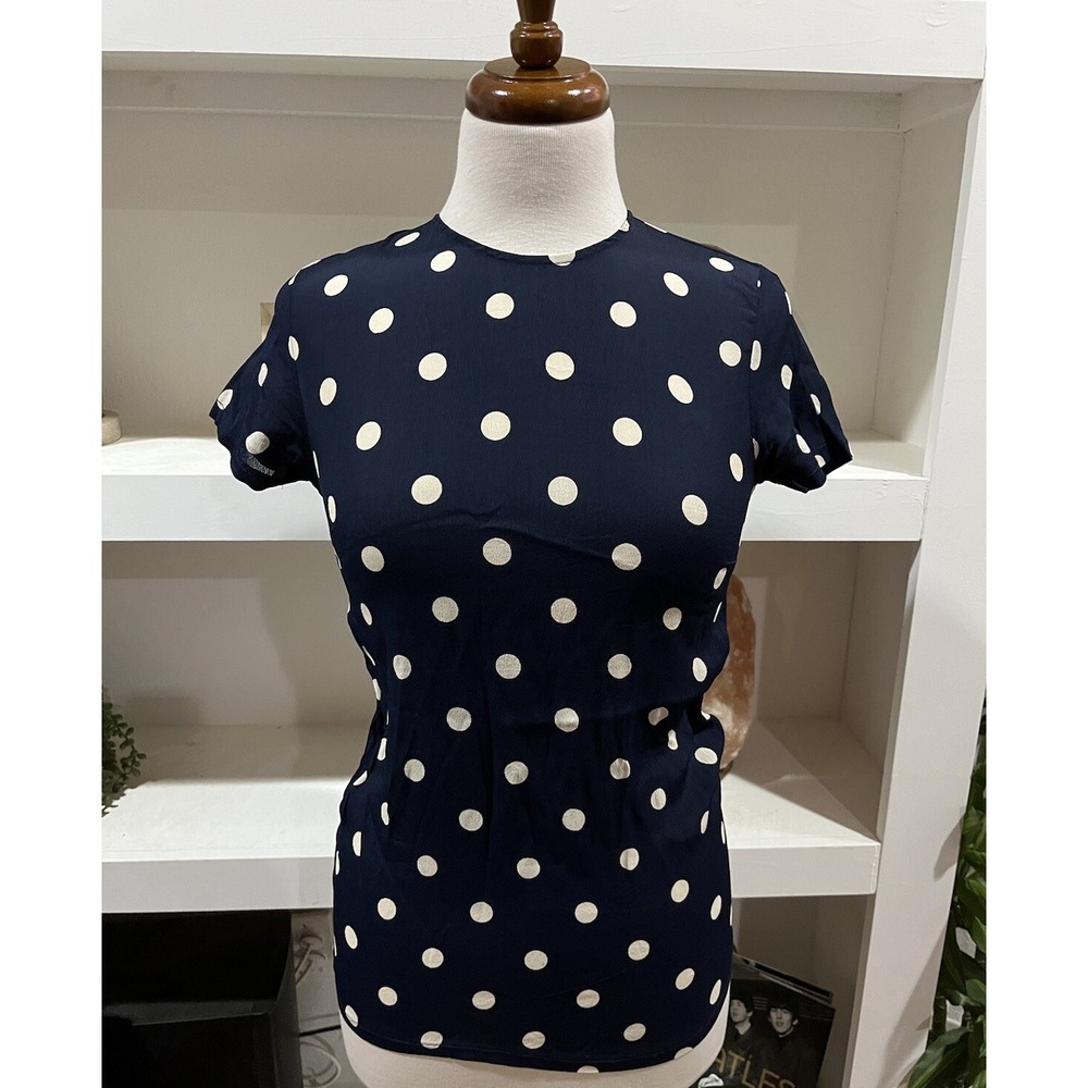 Reformation Blouse polka dot womens XS navy blue shirt short‎ sleeve